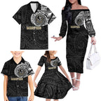 Personalized Collingwood Magpies Polynesian Family Matching Off The Shoulder Long Sleeve Dress and Hawaiian Shirt Tribal Chest and Sleeve Tattoo Heritage Warrior