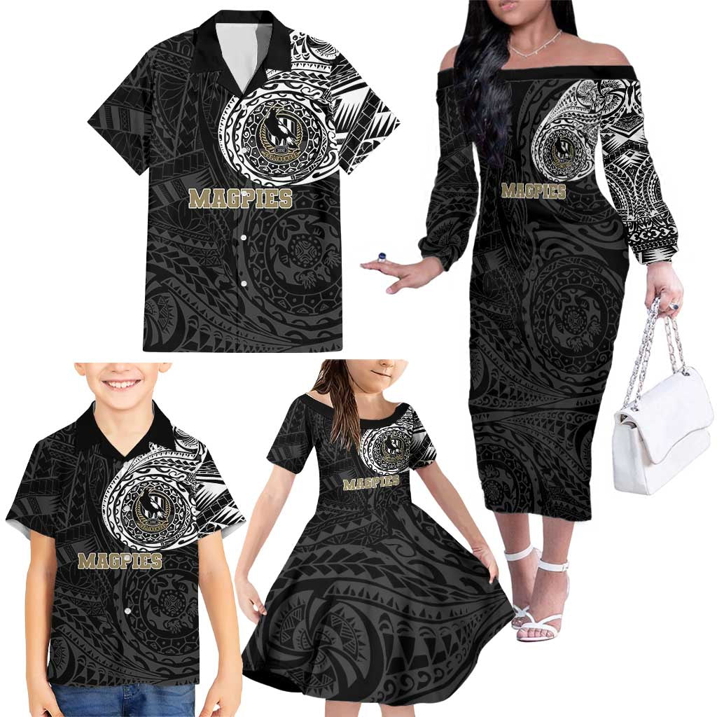Personalized Collingwood Magpies Polynesian Family Matching Off The Shoulder Long Sleeve Dress and Hawaiian Shirt Tribal Chest and Sleeve Tattoo Heritage Warrior