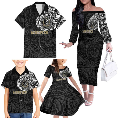 Personalized Collingwood Magpies Polynesian Family Matching Off The Shoulder Long Sleeve Dress and Hawaiian Shirt Tribal Chest and Sleeve Tattoo Heritage Warrior