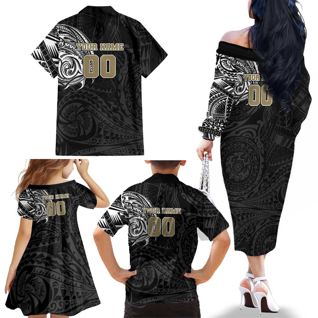 Personalized Collingwood Magpies Polynesian Family Matching Off The Shoulder Long Sleeve Dress and Hawaiian Shirt Tribal Chest and Sleeve Tattoo Heritage Warrior