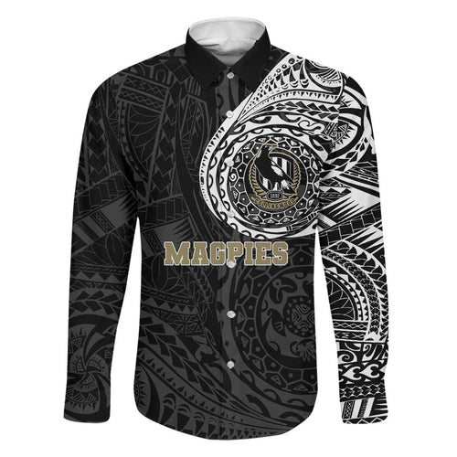 Personalized Collingwood Magpies Polynesian Family Matching Off The Shoulder Long Sleeve Dress and Hawaiian Shirt Tribal Chest and Sleeve Tattoo Heritage Warrior