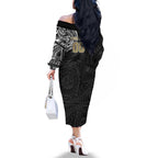 Personalized Collingwood Magpies Polynesian Family Matching Off The Shoulder Long Sleeve Dress and Hawaiian Shirt Tribal Chest and Sleeve Tattoo Heritage Warrior