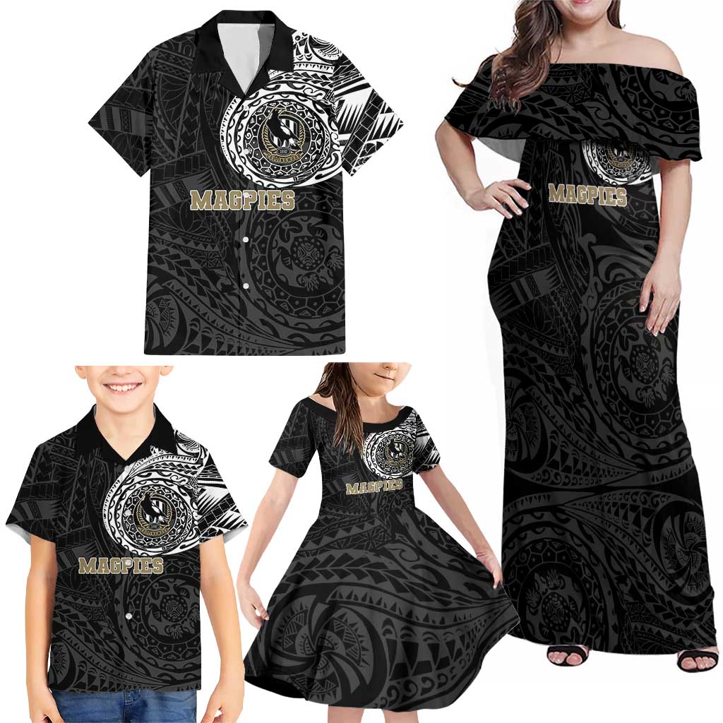 Personalized Collingwood Magpies Polynesian Family Matching Off Shoulder Maxi Dress and Hawaiian Shirt Tribal Chest and Sleeve Tattoo Heritage Warrior
