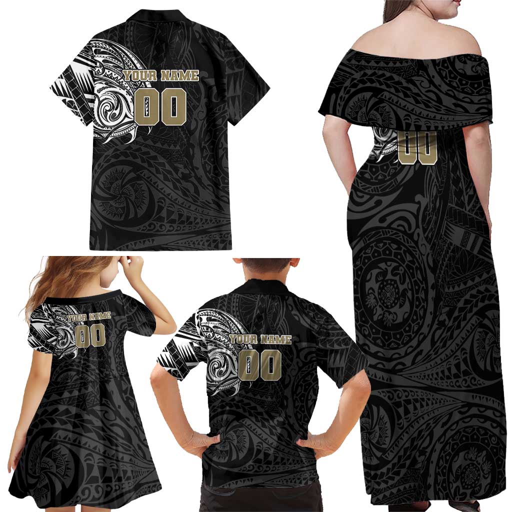 Personalized Collingwood Magpies Polynesian Family Matching Off Shoulder Maxi Dress and Hawaiian Shirt Tribal Chest and Sleeve Tattoo Heritage Warrior