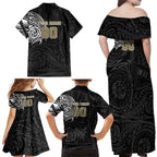 Personalized Collingwood Magpies Polynesian Family Matching Off Shoulder Maxi Dress and Hawaiian Shirt Tribal Chest and Sleeve Tattoo Heritage Warrior