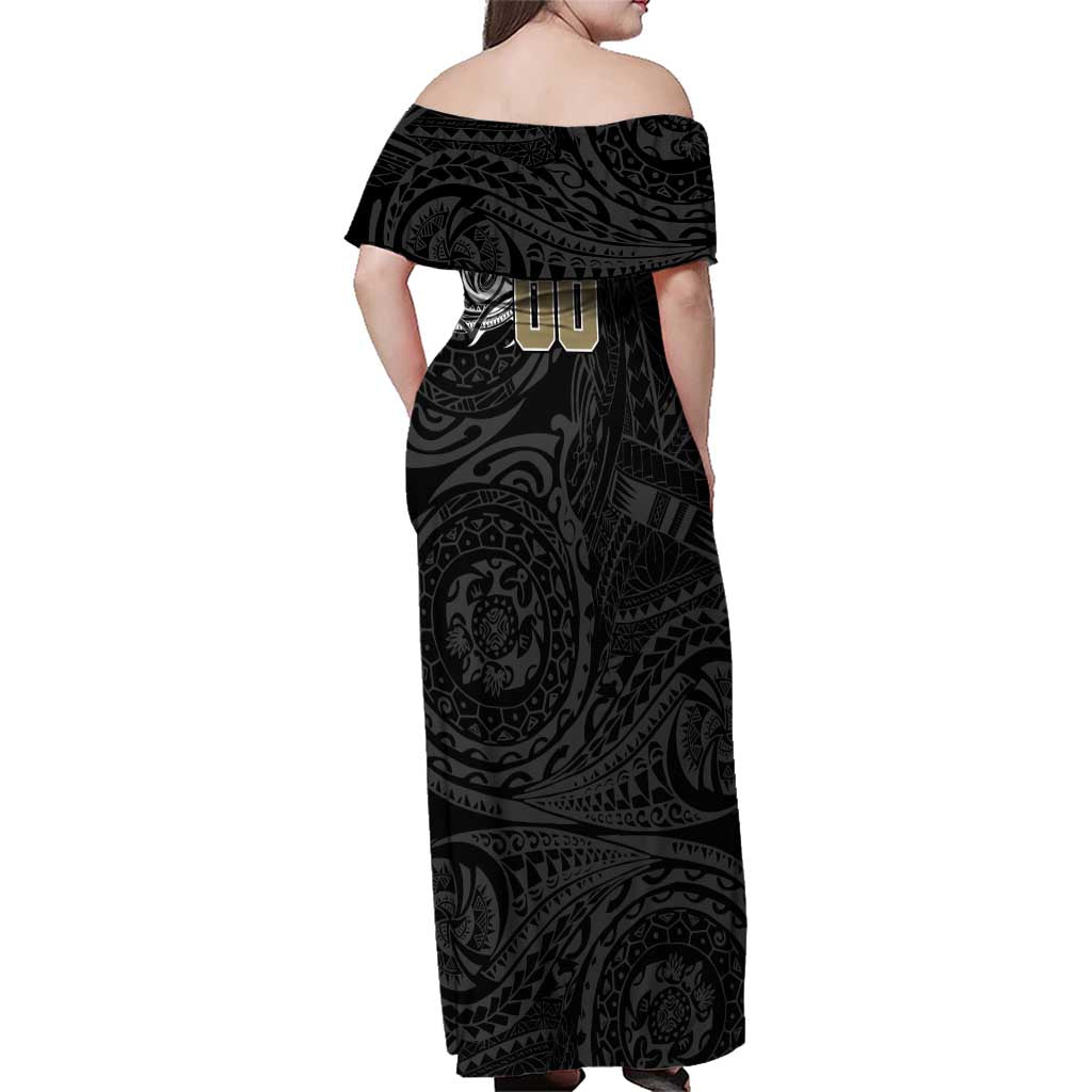 Personalized Collingwood Magpies Polynesian Family Matching Off Shoulder Maxi Dress and Hawaiian Shirt Tribal Chest and Sleeve Tattoo Heritage Warrior