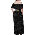 Personalized Collingwood Magpies Polynesian Family Matching Off Shoulder Maxi Dress and Hawaiian Shirt Tribal Chest and Sleeve Tattoo Heritage Warrior