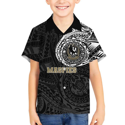 Personalized Collingwood Magpies Polynesian Family Matching Off Shoulder Maxi Dress and Hawaiian Shirt Tribal Chest and Sleeve Tattoo Heritage Warrior