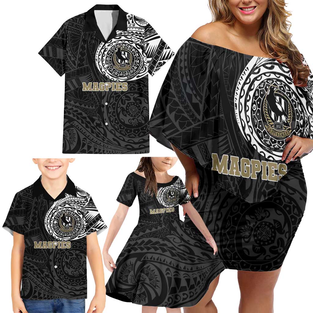 Personalized Collingwood Magpies Polynesian Family Matching Off Shoulder Short Dress and Hawaiian Shirt Tribal Chest and Sleeve Tattoo Heritage Warrior