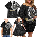 Personalized Collingwood Magpies Polynesian Family Matching Off Shoulder Short Dress and Hawaiian Shirt Tribal Chest and Sleeve Tattoo Heritage Warrior