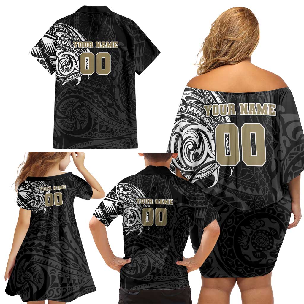 Personalized Collingwood Magpies Polynesian Family Matching Off Shoulder Short Dress and Hawaiian Shirt Tribal Chest and Sleeve Tattoo Heritage Warrior