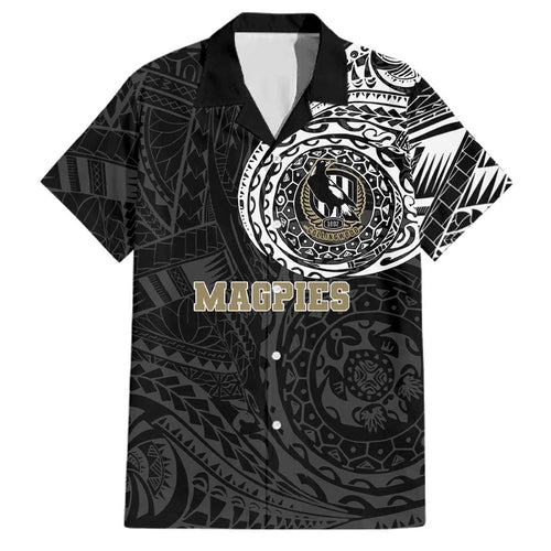 Personalized Collingwood Magpies Polynesian Family Matching Off Shoulder Short Dress and Hawaiian Shirt Tribal Chest and Sleeve Tattoo Heritage Warrior