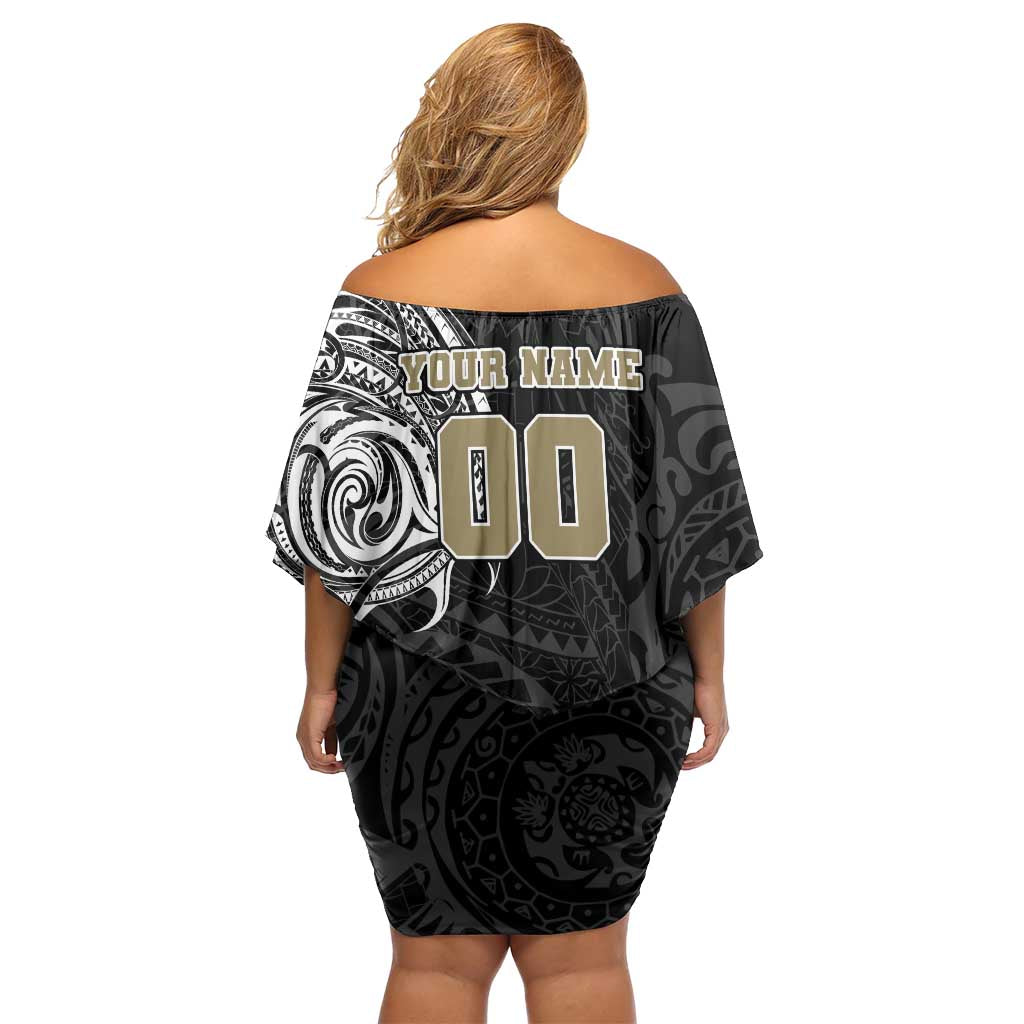 Personalized Collingwood Magpies Polynesian Family Matching Off Shoulder Short Dress and Hawaiian Shirt Tribal Chest and Sleeve Tattoo Heritage Warrior
