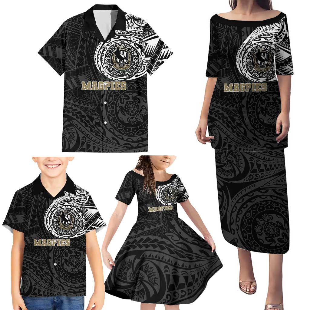 Personalized Collingwood Magpies Polynesian Family Matching Puletasi and Hawaiian Shirt Tribal Chest and Sleeve Tattoo Heritage Warrior