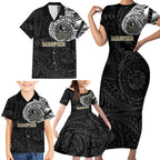 Personalized Collingwood Magpies Polynesian Family Matching Short Sleeve Bodycon Dress and Hawaiian Shirt Tribal Chest and Sleeve Tattoo Heritage Warrior