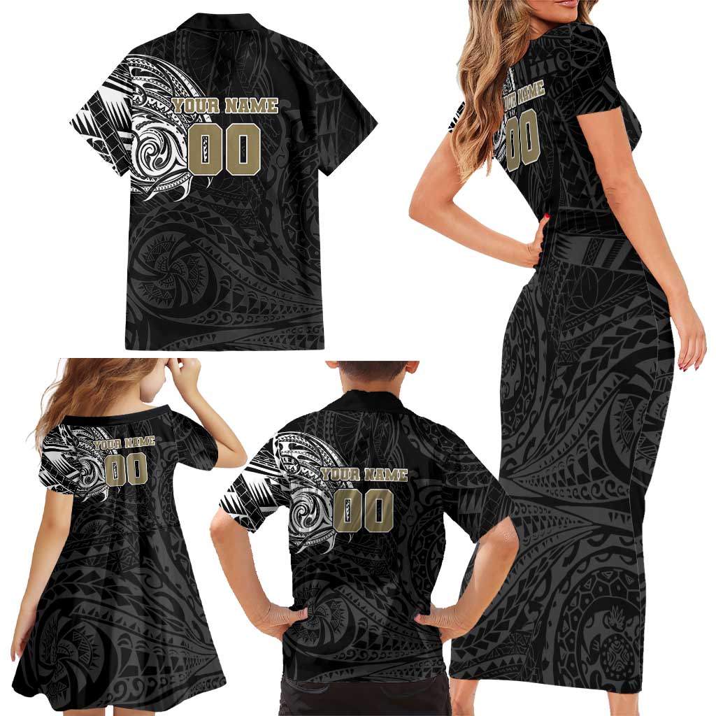 Personalized Collingwood Magpies Polynesian Family Matching Short Sleeve Bodycon Dress and Hawaiian Shirt Tribal Chest and Sleeve Tattoo Heritage Warrior