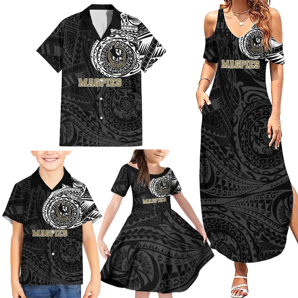 Personalized Collingwood Magpies Polynesian Family Matching Summer Maxi Dress and Hawaiian Shirt Tribal Chest and Sleeve Tattoo Heritage Warrior