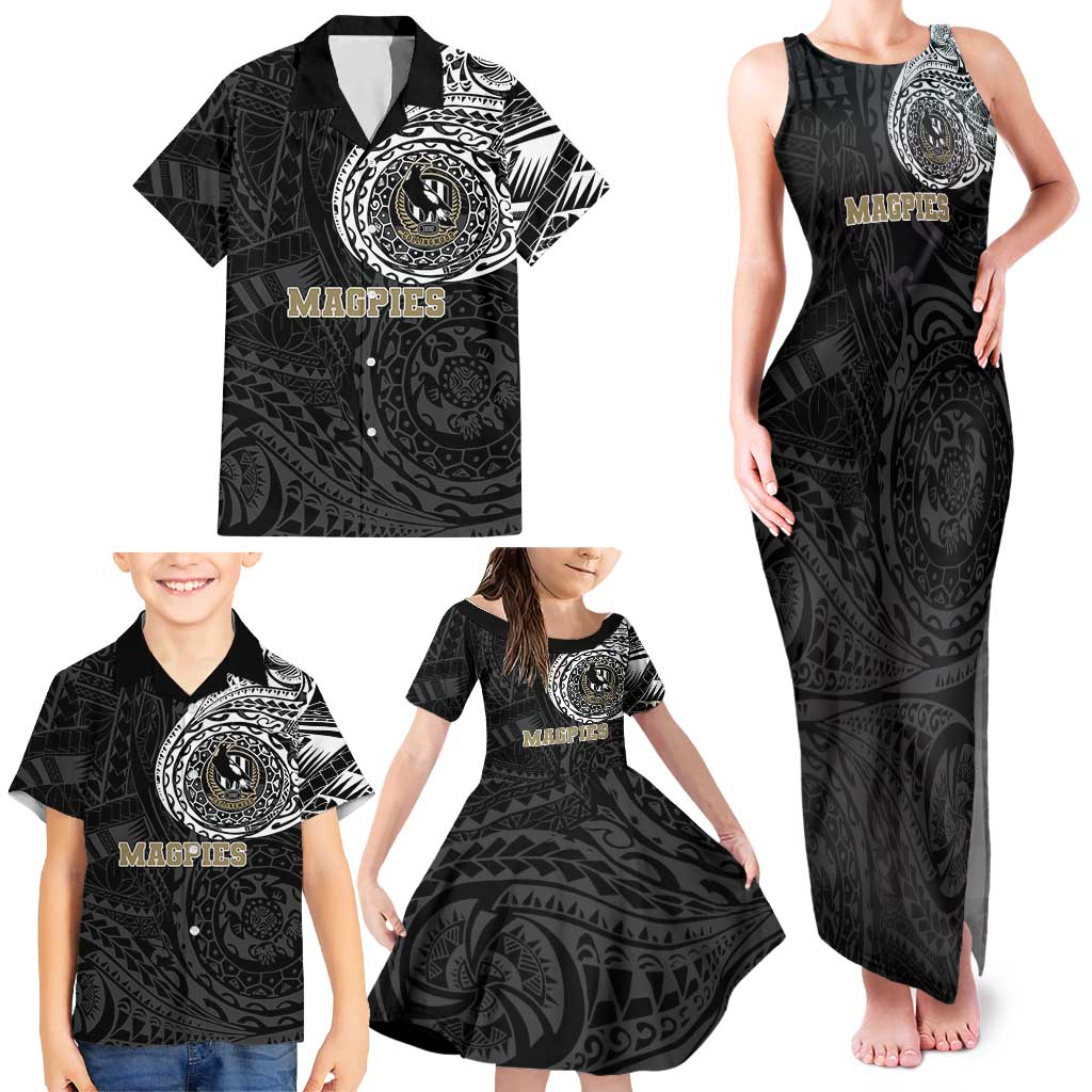 Personalized Collingwood Magpies Polynesian Family Matching Tank Maxi Dress and Hawaiian Shirt Tribal Chest and Sleeve Tattoo Heritage Warrior