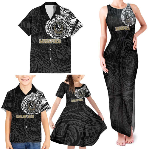 Personalized Collingwood Magpies Polynesian Family Matching Tank Maxi Dress and Hawaiian Shirt Tribal Chest and Sleeve Tattoo Heritage Warrior