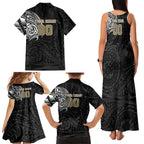 Personalized Collingwood Magpies Polynesian Family Matching Tank Maxi Dress and Hawaiian Shirt Tribal Chest and Sleeve Tattoo Heritage Warrior