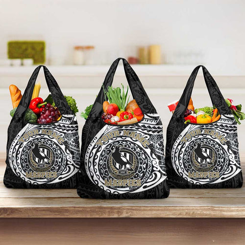 Personalized Collingwood Magpies Polynesian Grocery Bag Tribal Chest and Sleeve Tattoo Heritage Warrior