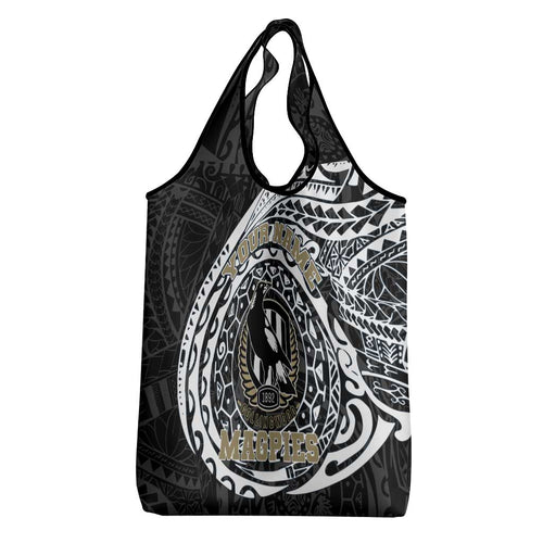 Personalized Collingwood Magpies Polynesian Grocery Bag Tribal Chest and Sleeve Tattoo Heritage Warrior