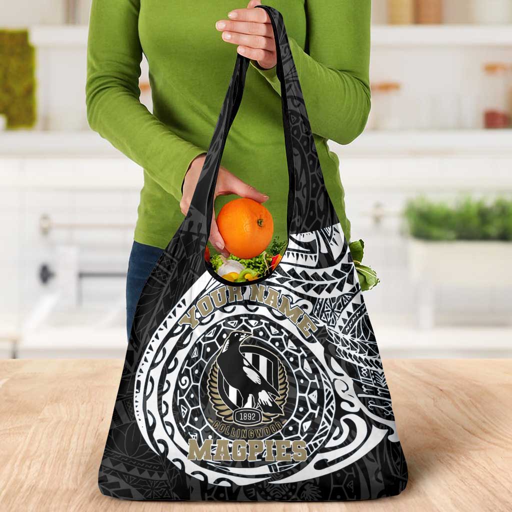 Personalized Collingwood Magpies Polynesian Grocery Bag Tribal Chest and Sleeve Tattoo Heritage Warrior