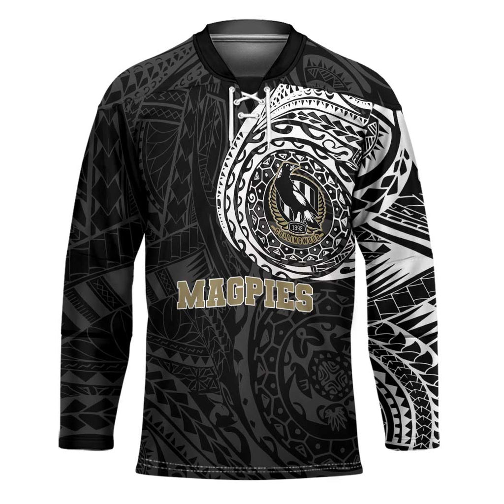 Personalized Collingwood Magpies Polynesian Hockey Jersey Tribal Chest and Sleeve Tattoo Heritage Warrior