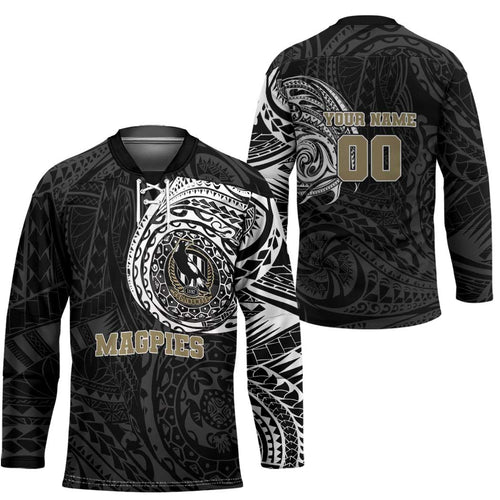 Personalized Collingwood Magpies Polynesian Hockey Jersey Tribal Chest and Sleeve Tattoo Heritage Warrior