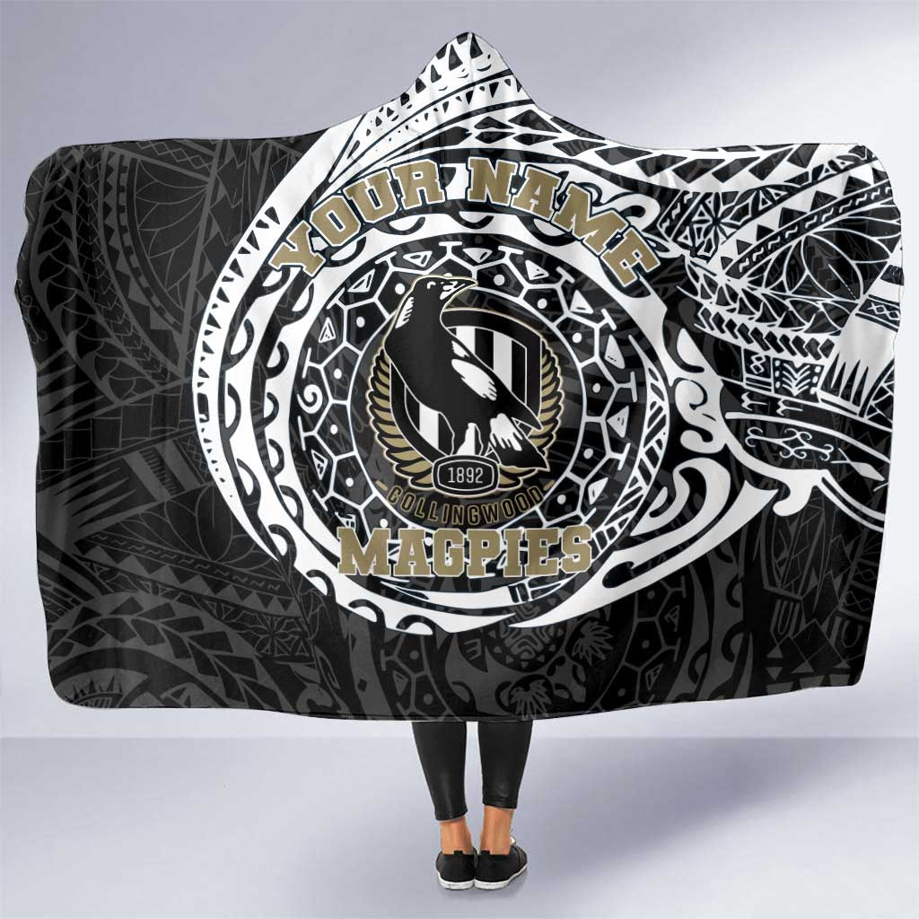 Personalized Collingwood Magpies Polynesian Hooded Blanket Tribal Chest and Sleeve Tattoo Heritage Warrior