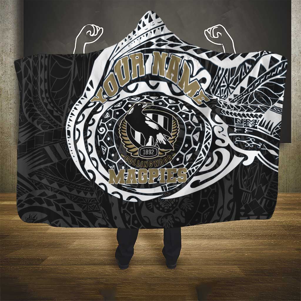 Personalized Collingwood Magpies Polynesian Hooded Blanket Tribal Chest and Sleeve Tattoo Heritage Warrior