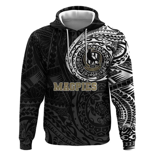 Personalized Collingwood Magpies Polynesian Hoodie Tribal Chest and Sleeve Tattoo Heritage Warrior