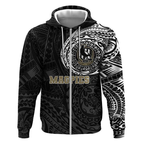 Personalized Collingwood Magpies Polynesian Hoodie Tribal Chest and Sleeve Tattoo Heritage Warrior