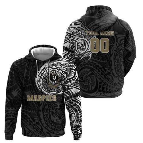 Personalized Collingwood Magpies Polynesian Hoodie Tribal Chest and Sleeve Tattoo Heritage Warrior