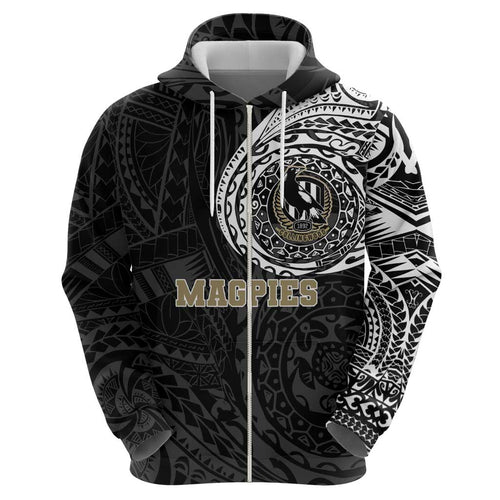 Personalized Collingwood Magpies Polynesian Hoodie Tribal Chest and Sleeve Tattoo Heritage Warrior