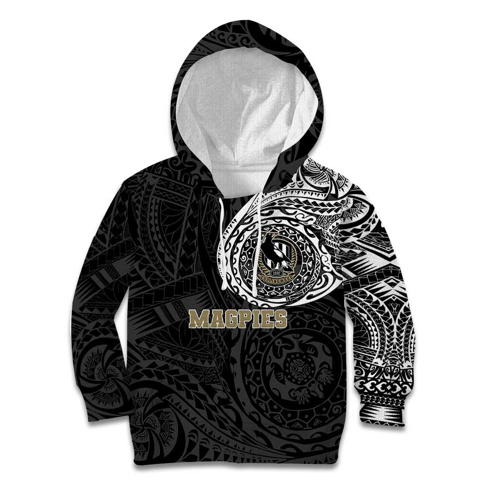 Personalized Collingwood Magpies Polynesian Kid Hoodie Tribal Chest and Sleeve Tattoo Heritage Warrior