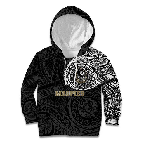 Personalized Collingwood Magpies Polynesian Kid Hoodie Tribal Chest and Sleeve Tattoo Heritage Warrior
