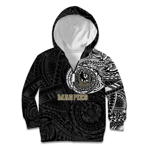 Personalized Collingwood Magpies Polynesian Kid Hoodie Tribal Chest and Sleeve Tattoo Heritage Warrior