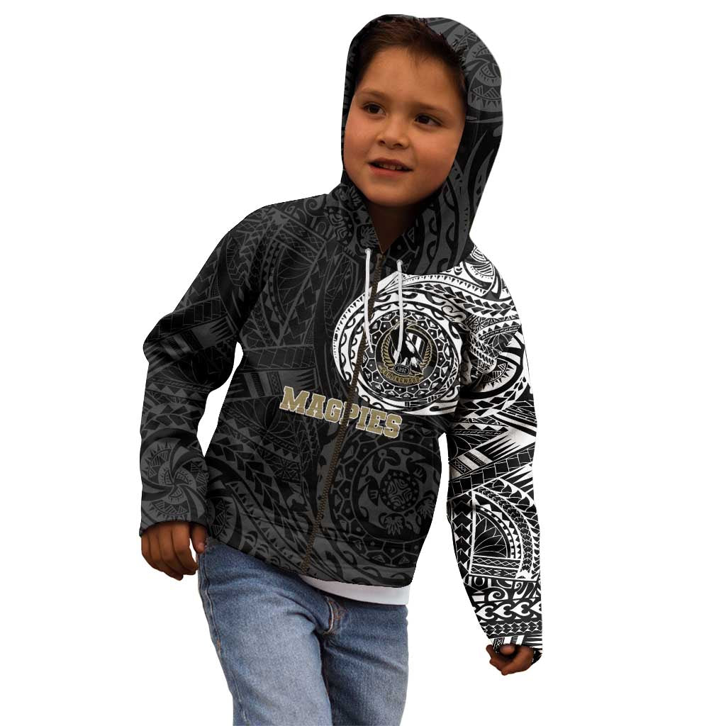 Personalized Collingwood Magpies Polynesian Kid Hoodie Tribal Chest and Sleeve Tattoo Heritage Warrior