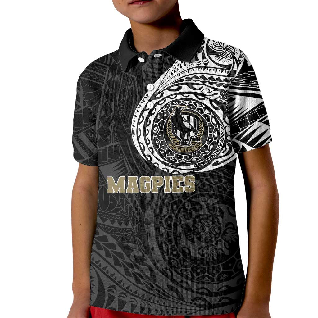 Personalized Collingwood Magpies Polynesian Kid Polo Shirt Tribal Chest and Sleeve Tattoo Heritage Warrior