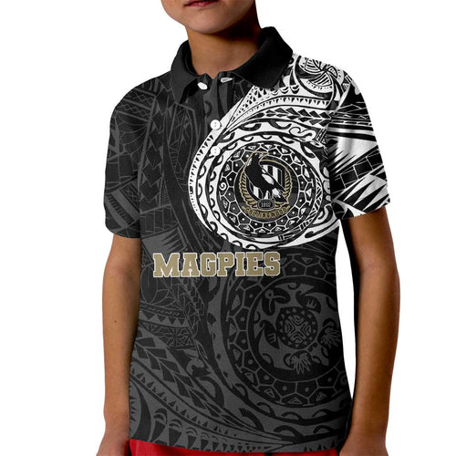 Personalized Collingwood Magpies Polynesian Kid Polo Shirt Tribal Chest and Sleeve Tattoo Heritage Warrior