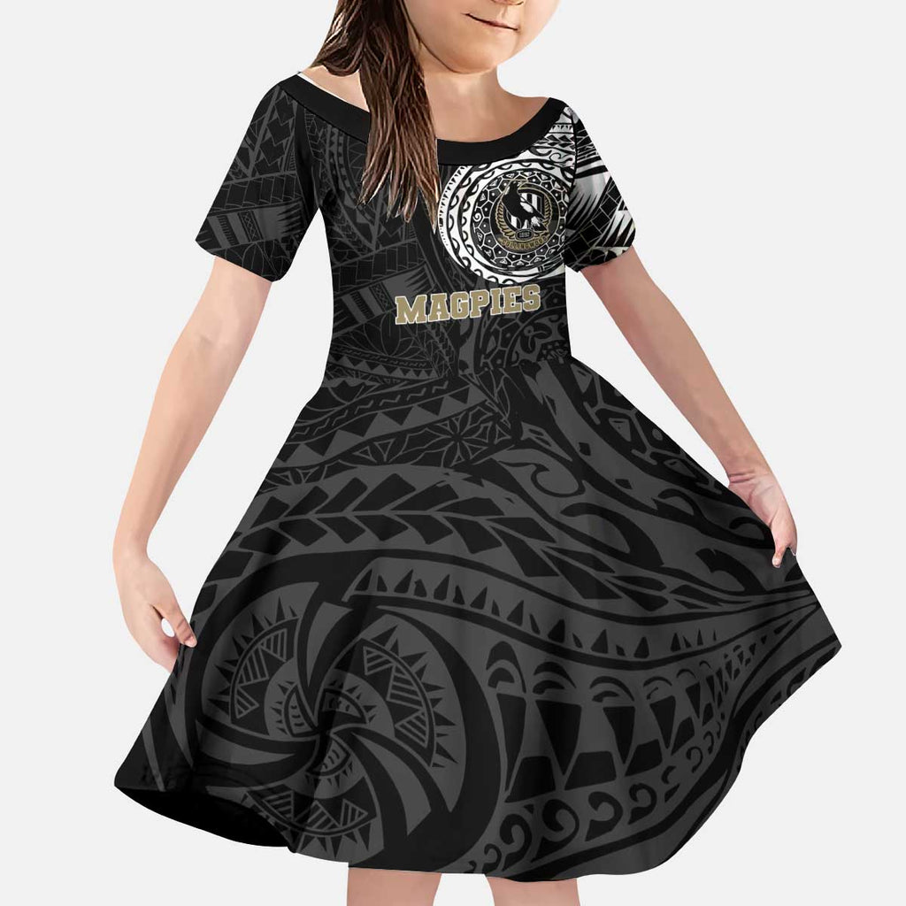 Personalized Collingwood Magpies Polynesian Kid Short Sleeve Dress Tribal Chest and Sleeve Tattoo Heritage Warrior