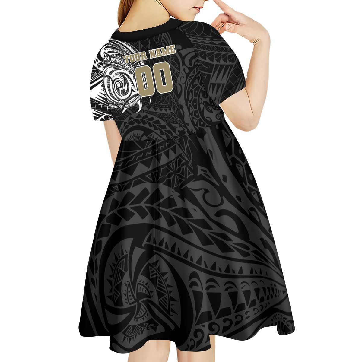 Personalized Collingwood Magpies Polynesian Kid Short Sleeve Dress Tribal Chest and Sleeve Tattoo Heritage Warrior