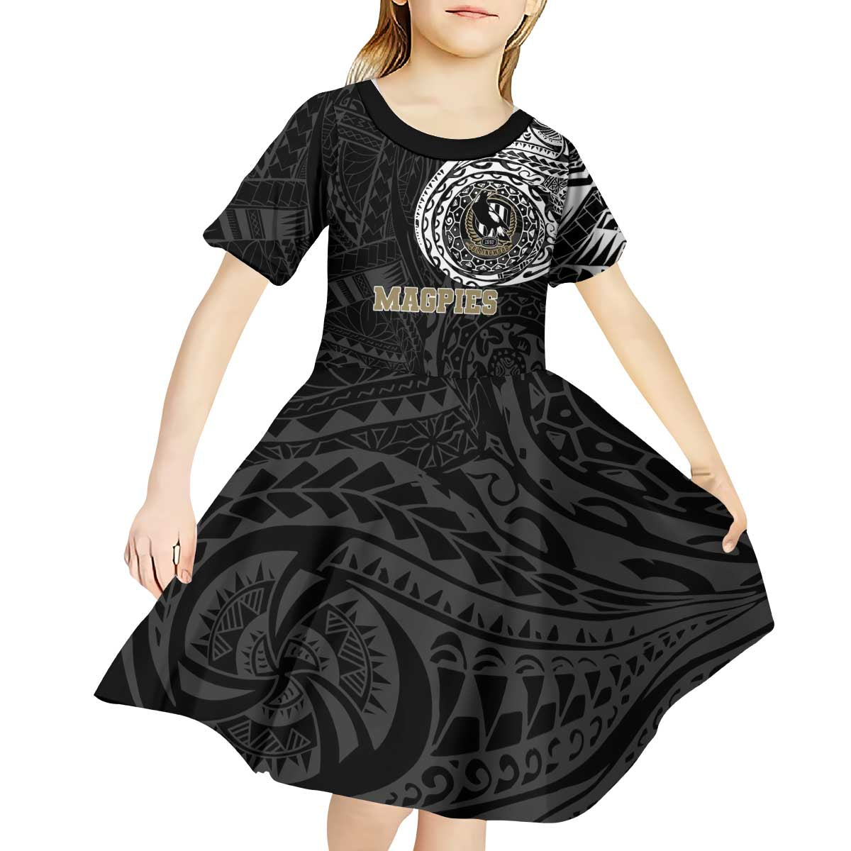 Personalized Collingwood Magpies Polynesian Kid Short Sleeve Dress Tribal Chest and Sleeve Tattoo Heritage Warrior