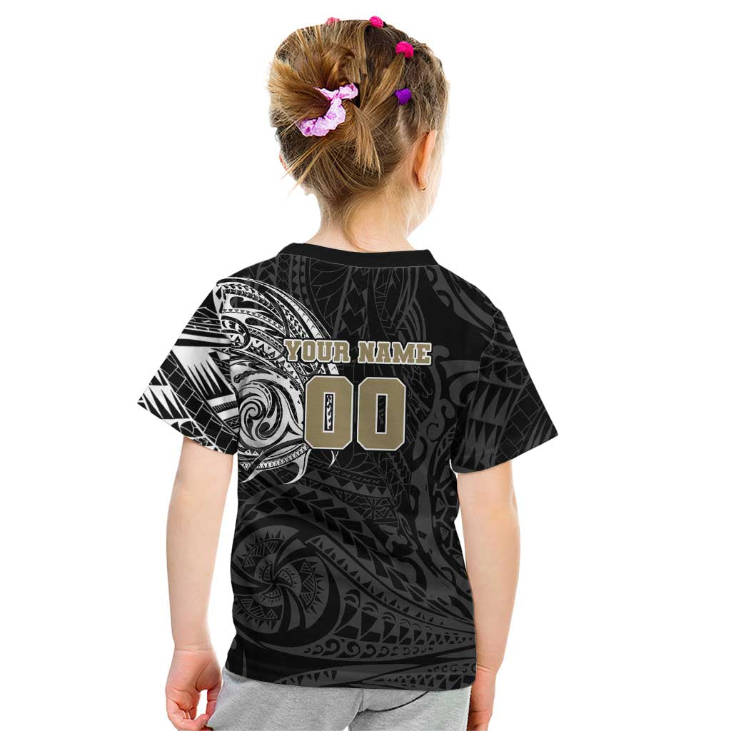 Personalized Collingwood Magpies Polynesian Kid T Shirt Tribal Chest and Sleeve Tattoo Heritage Warrior