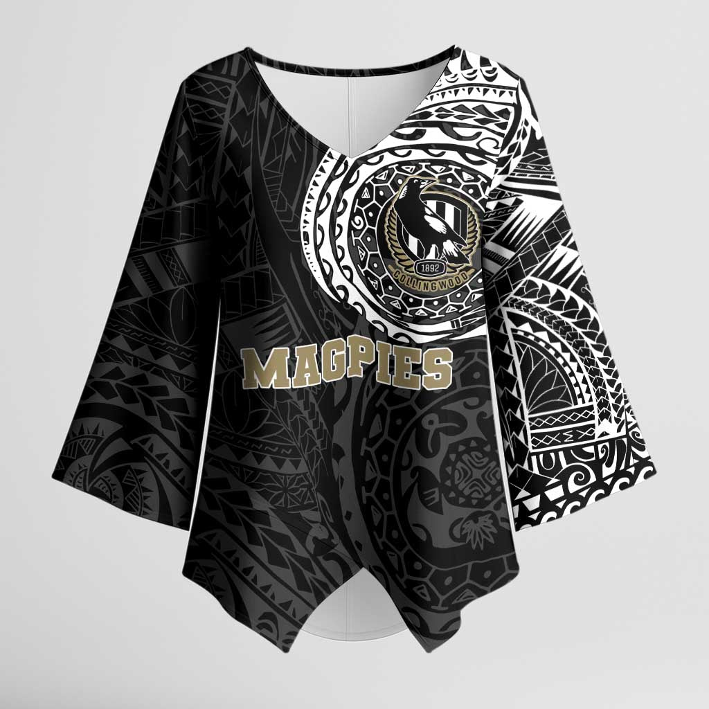 Personalized Collingwood Magpies Polynesian Kimono Sleeve Blouse Tribal Chest and Sleeve Tattoo Heritage Warrior