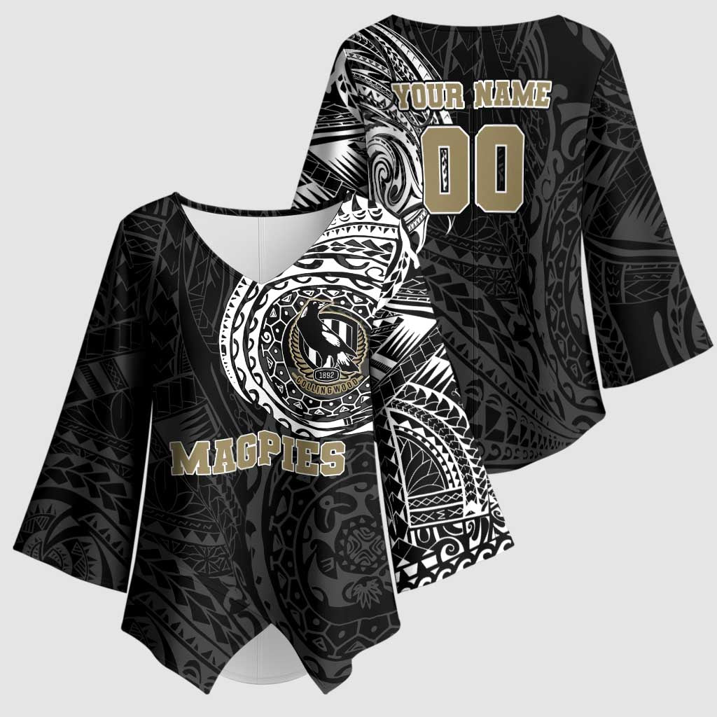 Personalized Collingwood Magpies Polynesian Kimono Sleeve Blouse Tribal Chest and Sleeve Tattoo Heritage Warrior
