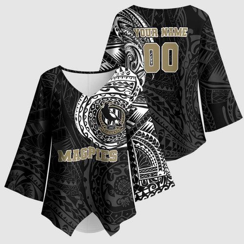 Personalized Collingwood Magpies Polynesian Kimono Sleeve Blouse Tribal Chest and Sleeve Tattoo Heritage Warrior