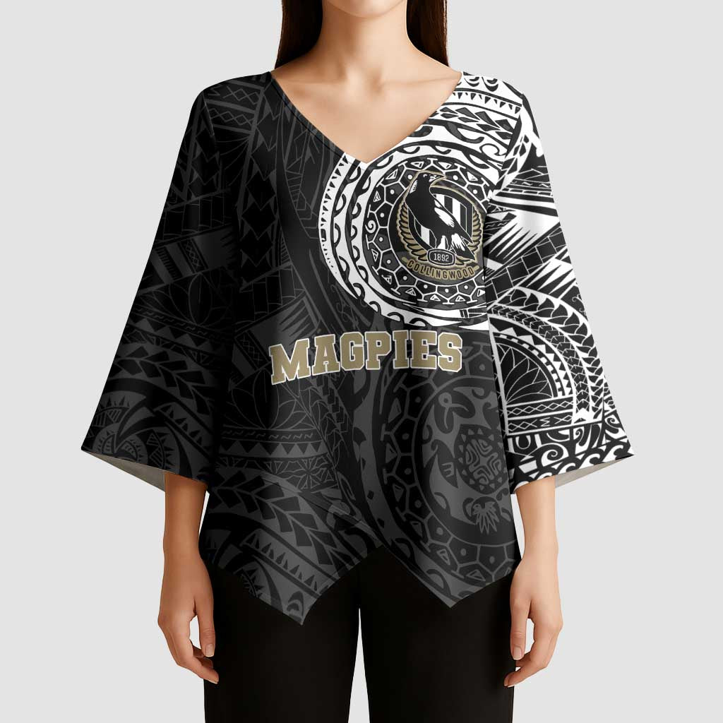 Personalized Collingwood Magpies Polynesian Kimono Sleeve Blouse Tribal Chest and Sleeve Tattoo Heritage Warrior