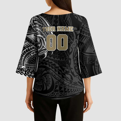 Personalized Collingwood Magpies Polynesian Kimono Sleeve Blouse Tribal Chest and Sleeve Tattoo Heritage Warrior